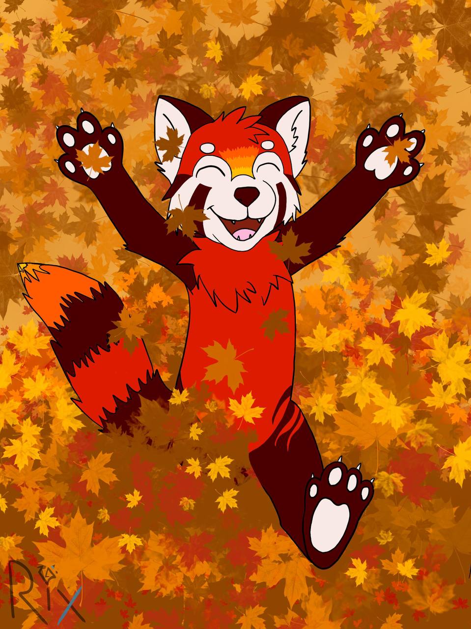 Red panda fursona joyful in autumn leaves