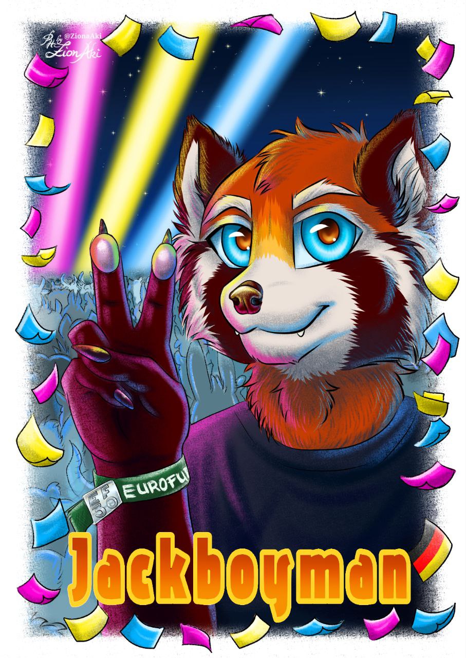 Jackboyman red panda badge, night version with a sun marking over the eyes