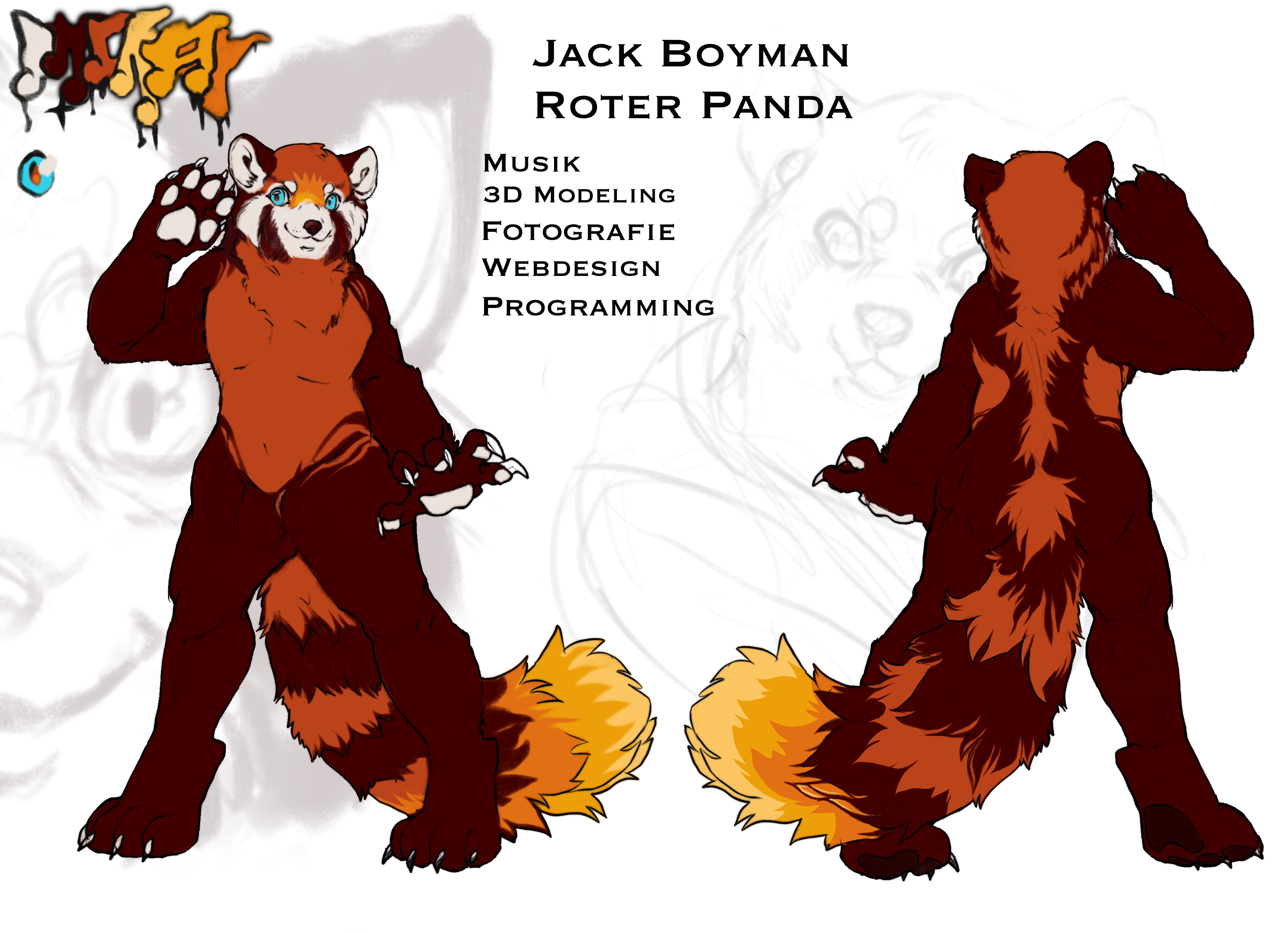 Jack Boyman red panda reference sheet, front and back